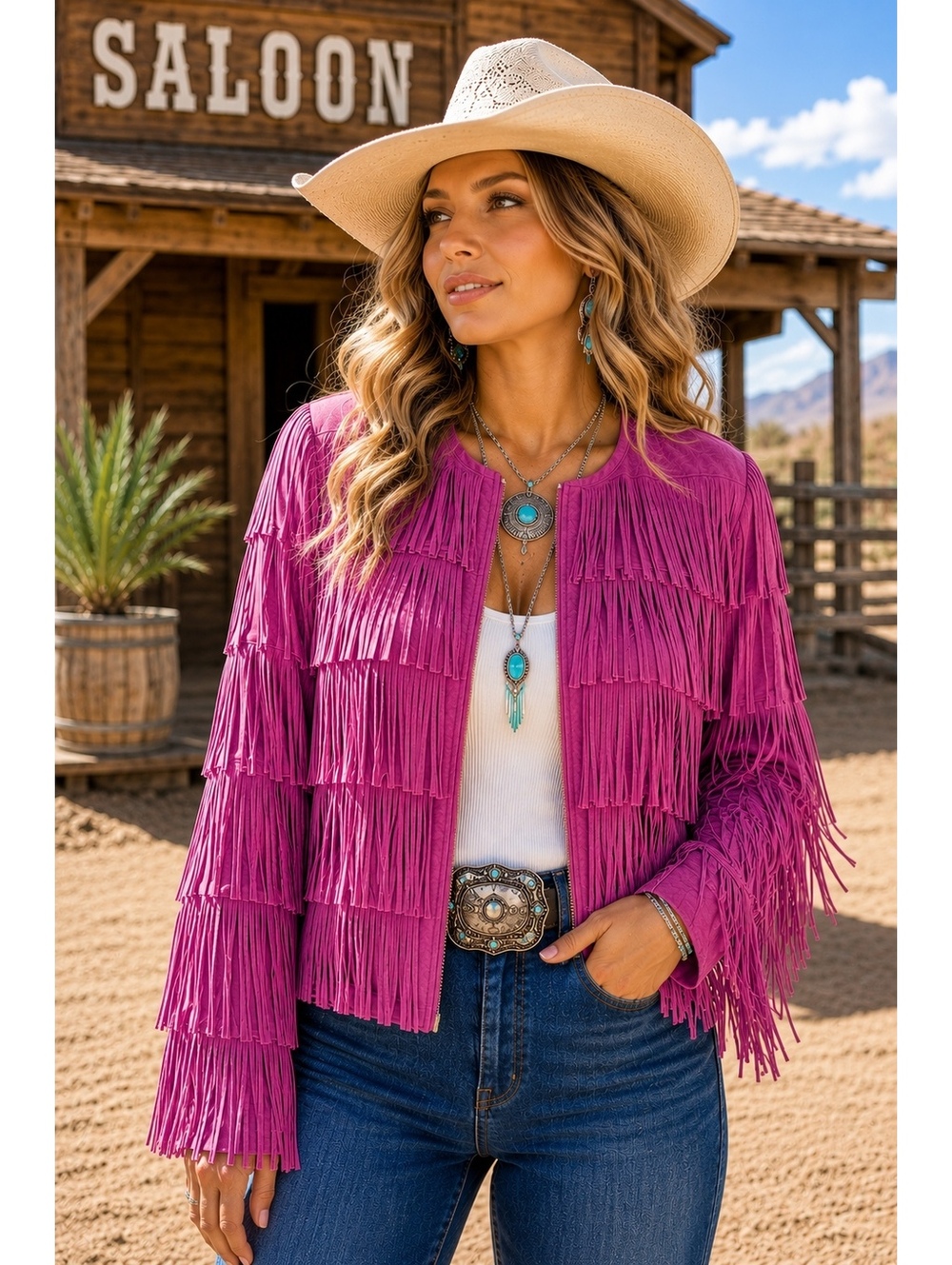 Prosper & Devine Fuchsia Suede Fringe Jacket Western Boho Cowgirl M - Picture 1 of 6